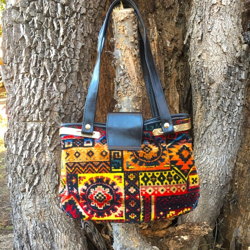 Beautiful Vintage Italian Carpet Bag Vintage Purse Aztec Southwestern Print - Picture 2 of 9